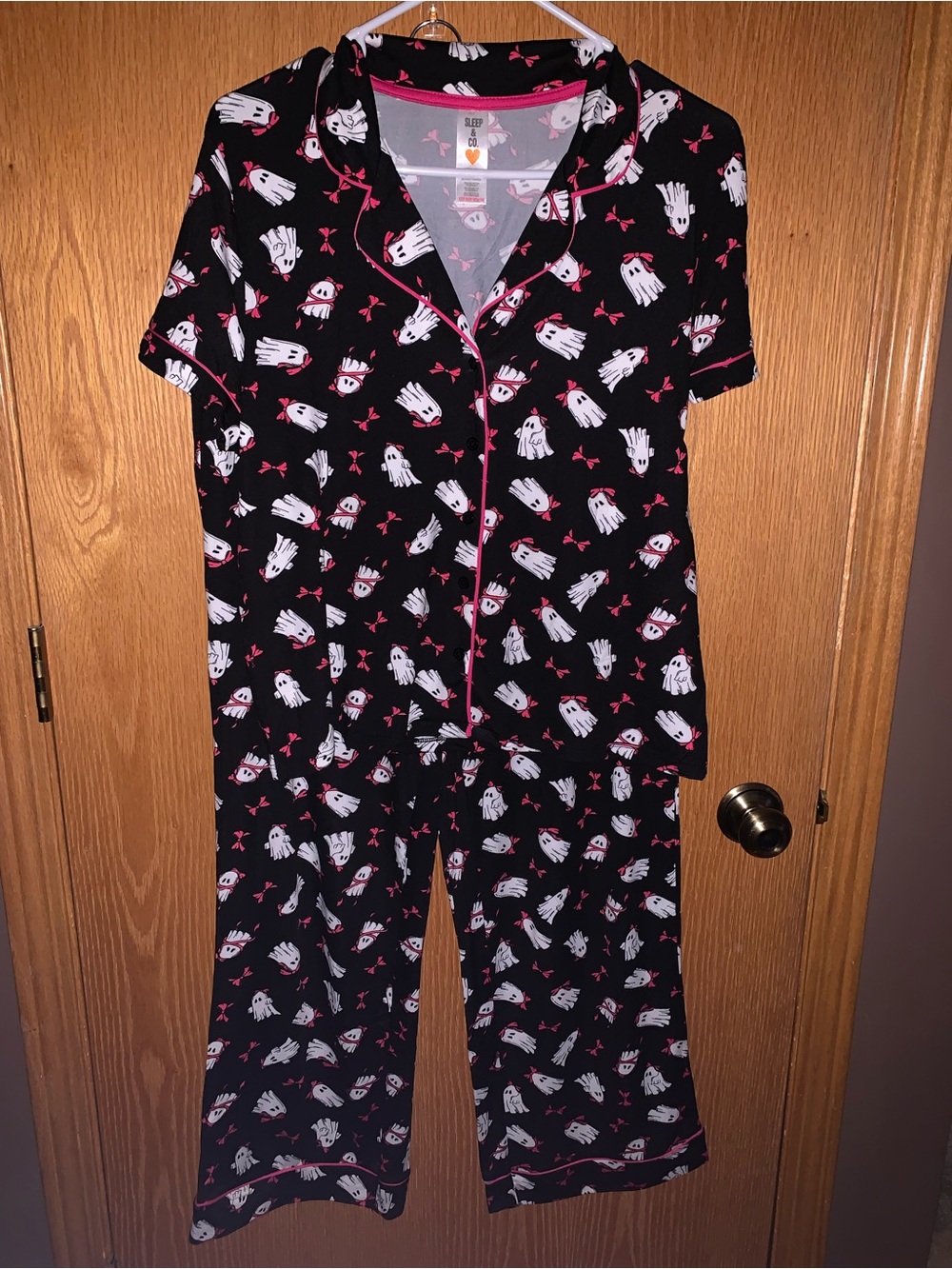 Black Ghost Print Pajama Set with Pink Trim SUPER SOFT LARGE
